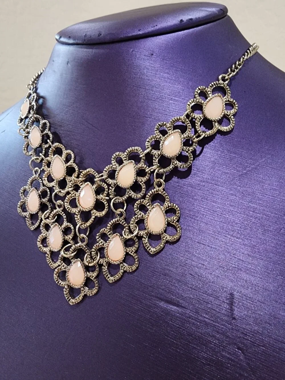 Gold Flower Faceted Light Pink Teardrop Accent Statement Bib Necklace